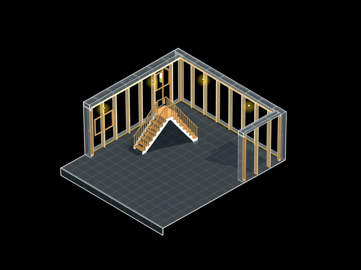 Isometric blueprint wireframe of a finished basement level — wall framing, staircase and recessed lighting drawn in glowing white and gold line-work on a drafting grid