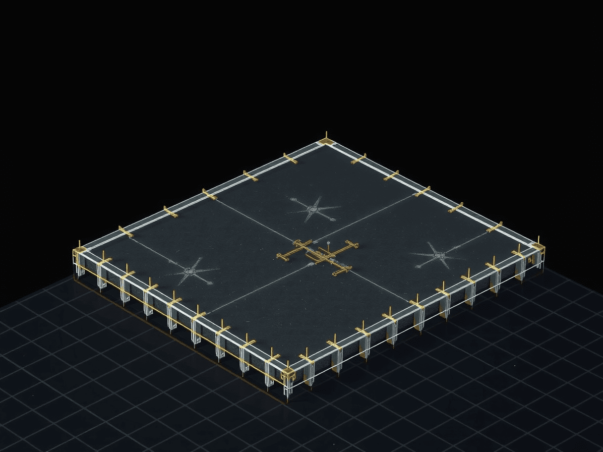 Isometric blueprint wireframe of a poured foundation and driveway slab with formwork and rebar, drawn in glowing white and gold line-work on a drafting grid