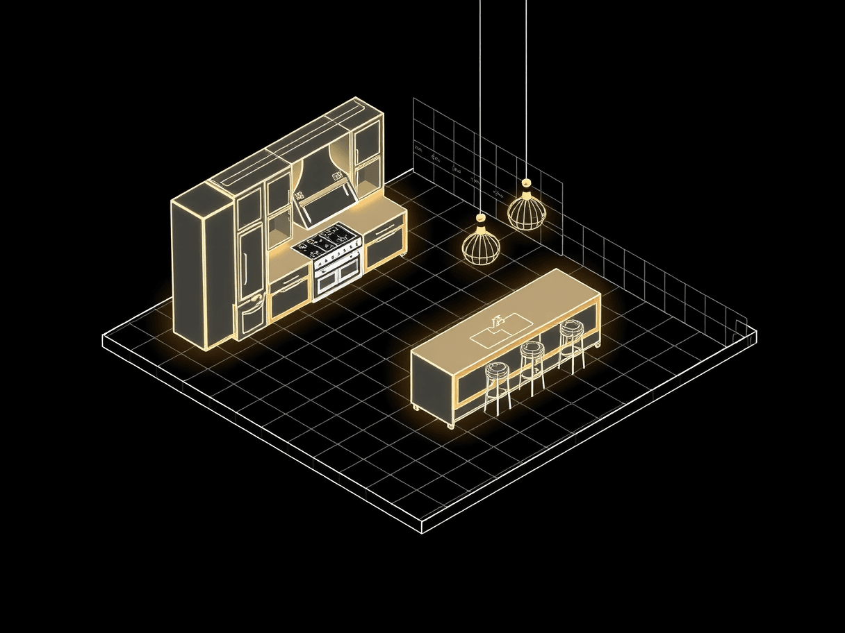 Isometric blueprint wireframe of a kitchen remodel — island, cabinetry, range and pendant lights drawn in glowing white and gold line-work on a drafting grid