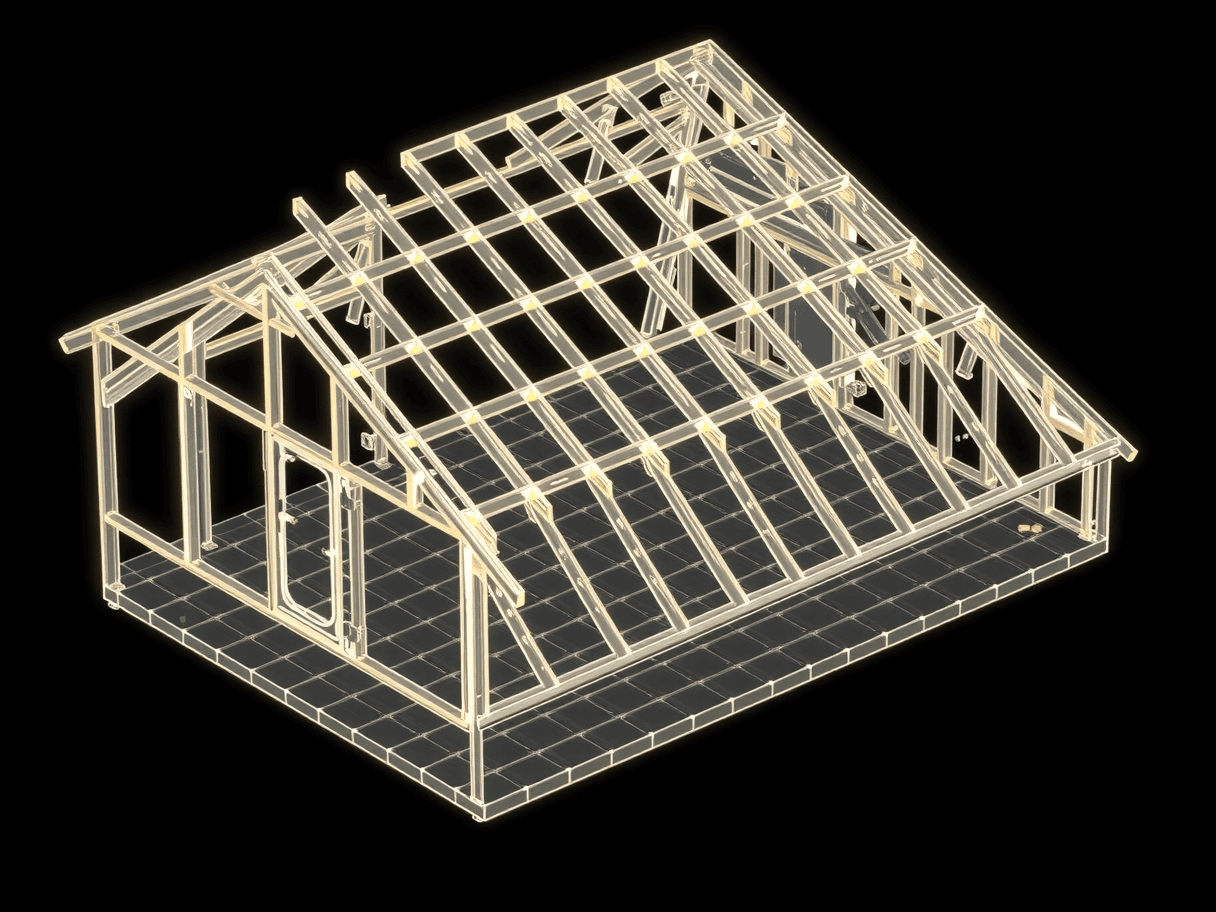 Isometric blueprint wireframe of roof framing — rafters, ridge beam and shingle courses drawn in glowing white and gold line-work on a drafting grid