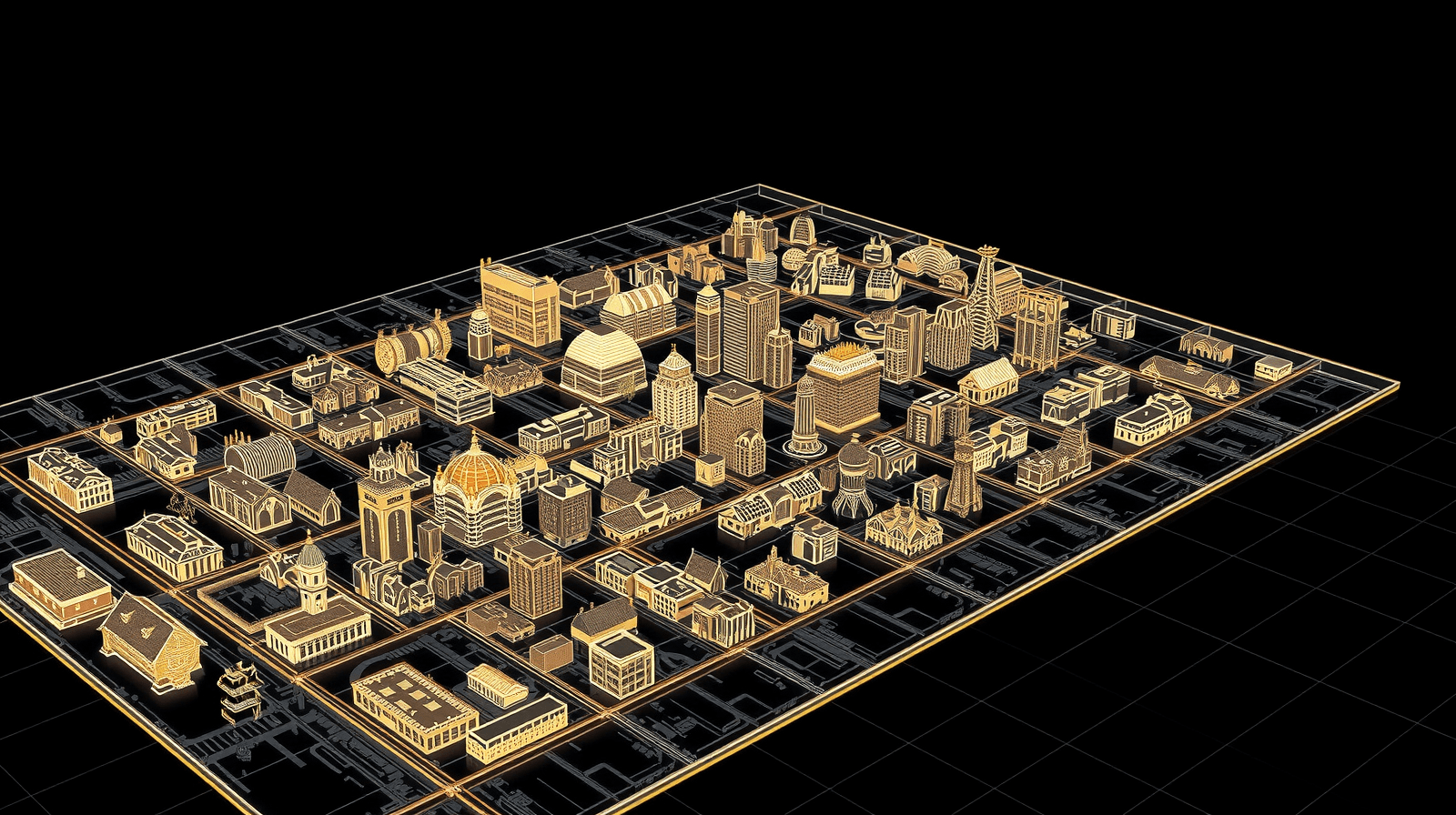 Isometric blueprint cityscape of a full property portfolio in gold and white wireframe on a drafting grid — portfolio-scale work under one accountable OnSite partner