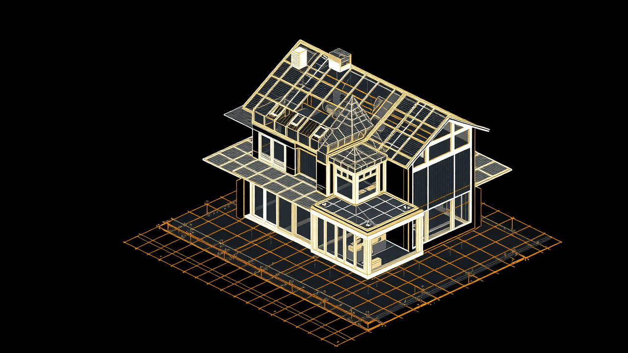 Isometric blueprint of a scoped residential build in white and gold wireframe — the estimate-approved scope OnSite dispatches to crews